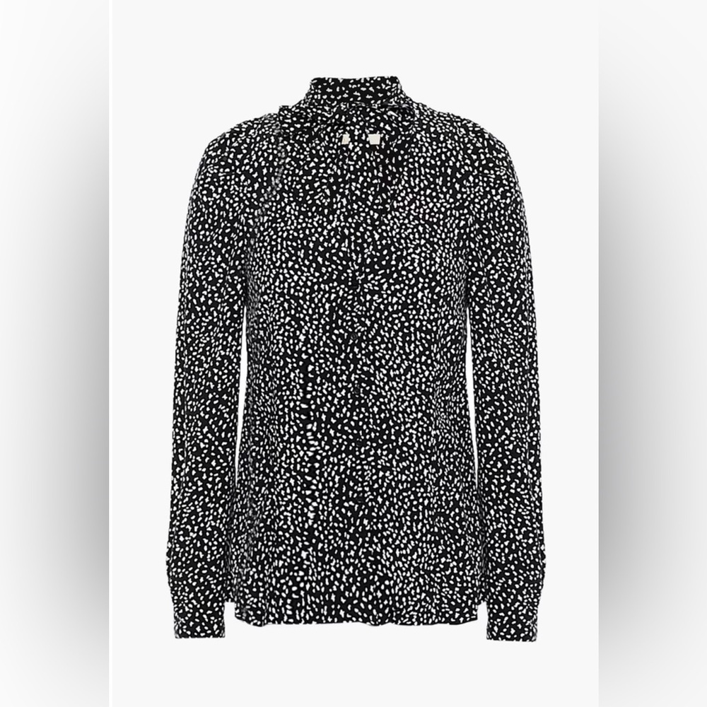 NWT Maje Tie-neck Black and White Printed Cupro-blend Blouse